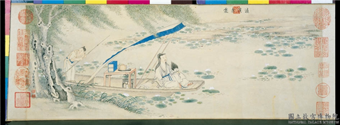 清丁观鹏爱莲图　卷,绘画,经史-故事,人物,树木,花草,器用,船,山水