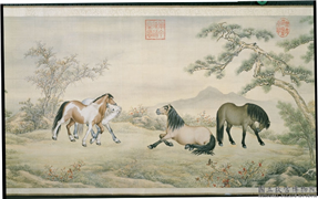 清人天闲驯良平安八骏　卷,绘画,走兽,树木,山水