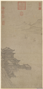 元人江天楼阁　轴,绘画,山水,建筑,船,人物,树木,器用