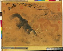 明商喜戏猫图　轴,绘画,走兽,花草,草虫,树木