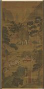 明仇英西园雅集图　轴,绘画,经史-故事,建筑,人物,山水,树木,器用,花草,佛道人物