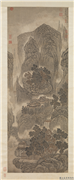 明吴彬仙山高士　轴,绘画,山水,建筑,人物,树木,器用
