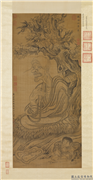 明吴彬画罗汉 （第九拔嘎沽拉尊者）　轴,绘画,佛道人物,树木,花草,器用