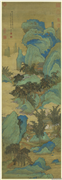 清禹之鼎拟赵千里山水　轴,绘画,山水,人物,树木,花草,建筑,走兽,器用
