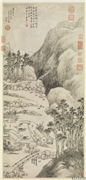 清黄鼎溪山行旅图　轴,绘画,山水,建筑,人物,树木,船,器用