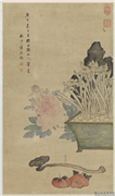 清蒋廷锡画岁朝图　轴,绘画,节令与二十四节气,花草,果蔬,器用,山水