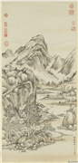 清董邦达渔村野彴　轴,绘画,山水,树木,建筑,船,器用
