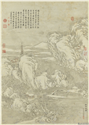清董邦达画谿山深雪图　轴,绘画,山水,树木,建筑,人物,花草,船,器用