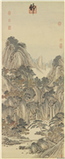 清唐岱仿范宽秋山瀑布　轴,绘画,山水,建筑,树木