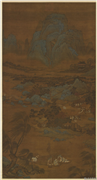 元人渔庄秋色　轴,绘画,山水,人物,树木,建筑,船,器用,五谷