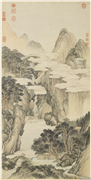 清金廷标曳杖看云图　轴,绘画,山水,树木,人物,建筑,器用