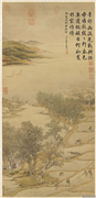 清金廷标画春野新耕　轴,绘画,山水,人物,器用,建筑,花草,树木,船,走兽