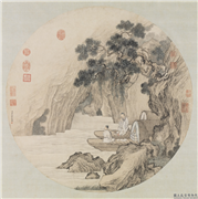 清金廷标画仙舟笛韵　轴,绘画,人物,山水,树木,花草,船,器用,果蔬