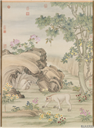 清艾启蒙画风猩　轴,绘画,树木,花草,走兽