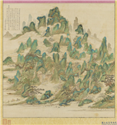 清董教增罗浮山图　轴,绘画,山水,人物,树木,船,建筑,走兽