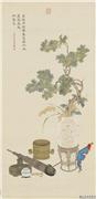 清汪承霈绘御制诗意百福繁生图　轴,绘画,祥瑞,树木,器用,五谷,花草