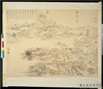 清张鹏翀画西山秋眺　轴,绘画,山水,树木,建筑,船