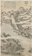 清董邦达画杜甫诗意高宗御题　轴,绘画,山水,建筑,船,树木