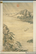清唐岱风雨归舟图　轴,绘画,山水,建筑,船,树木,器用,人物,花草