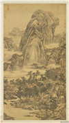 清孙祜仿王维关山行旅图　轴,绘画,山水,船,建筑,树木,人物,器用,走兽,佛道人物