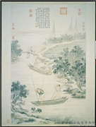 清金廷标罱泥图　轴,绘画,人物,山水,船,器用,建筑,花草,树木
