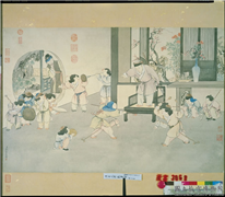 清金廷标戏婴图　轴,绘画,节令与二十四节气,人物,山水,树木,建筑,花草,器用