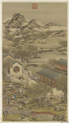 清画院画十二月月令图三月　轴,绘画,山水,节令与二十四节气,建筑,花草,人物,走兽,树木,器用,经史-故事