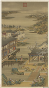 清画院画十二月月令图四月　轴,绘画,节令与二十四节气,花草,山水,建筑,树木,人物,器用,船,翎毛