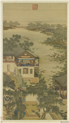 清画院画十二月月令图六月　轴,绘画,山水,节令与二十四节气,建筑,花草,树木,人物,器用,车,船,水中动植物