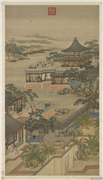 清画院画十二月月令图八月　轴,绘画,节令与二十四节气,建筑,山水,器用,花草,树木,人物