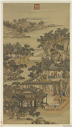 清画院画十二月月令图十一月　轴,绘画,节令与二十四节气,树木,山水,建筑,人物,器用,车,翎毛,走兽