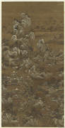 清院本山水楼阁图　轴,绘画,山水,建筑,船,人物,树木