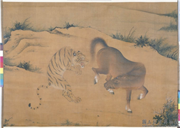 无名氏画虎马斗图　轴,绘画,走兽,山水,花草,树木