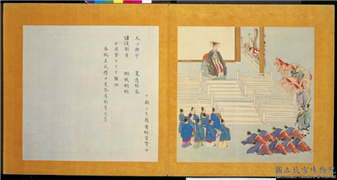 明仇英画帝王道统万年图　册　夏启,绘画,人物,走兽,建筑,器用
