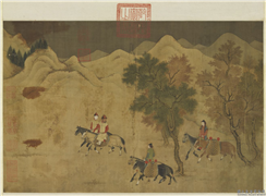 元人画猎骑图　轴,绘画,人物,走兽,山水,树木,器用