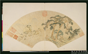 明文徵明画扇　册　坡石高松,绘画,山水,树木,人物