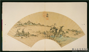 明文徵明画扇　册　溪汀烟树,绘画,山水,树木,建筑,船