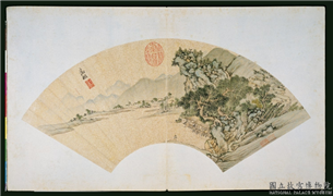 明文徵明画扇　册　水榭临流,绘画,山水,人物,树木,建筑
