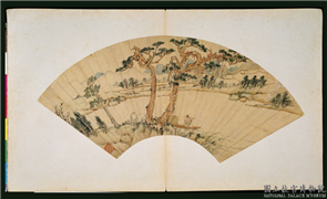 明文徵明画扇　册　松阴渔笛,绘画,山水,树木,人物,花草,船,器用