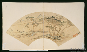 明文徵明画扇　册　绿阴系艇,绘画,山水,人物,树木,花草,建筑,船