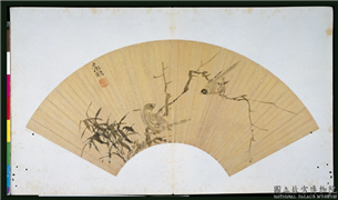 明文徵明画扇　册　棘枝双雀,绘画,树木,翎毛