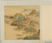 明周用画新安十景图　册　斗山亭,绘画,山水,建筑,人物,树木,花草