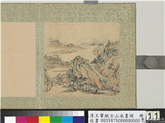 清王翬拟古山水画册　册　负担渡桥,绘画,山水,树木,船,建筑,人物