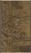 元人岁朝百爵　轴,绘画,树木,花草,翎毛,山水