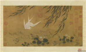元人柳塘白燕图　轴,绘画,翎毛,山水,树木,花草,水中动植物,建筑