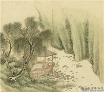 清永瑢画山水下册　册　夏亭赏荷,绘画,山水,树木,建筑,人物,花草