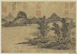 元马琬春江问渡　轴,绘画,山水,船,人物,树木,走兽