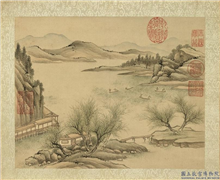 清永瑢画兰藻延晖　册　春溪渔艇,绘画,山水,树木,人物,建筑,船