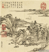 清董诰仿古山水　册　春浦飞帆,绘画,山水,人物,树木,建筑,船