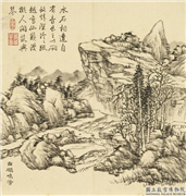 清董诰仿古山水　册　曲涧鸣湍,绘画,山水,树木,花草,建筑
